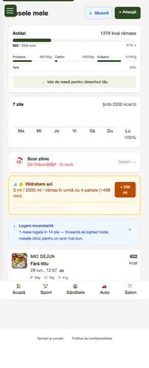 Aplicația eat — o masă analizată: calorii, macros, scor zilnic
